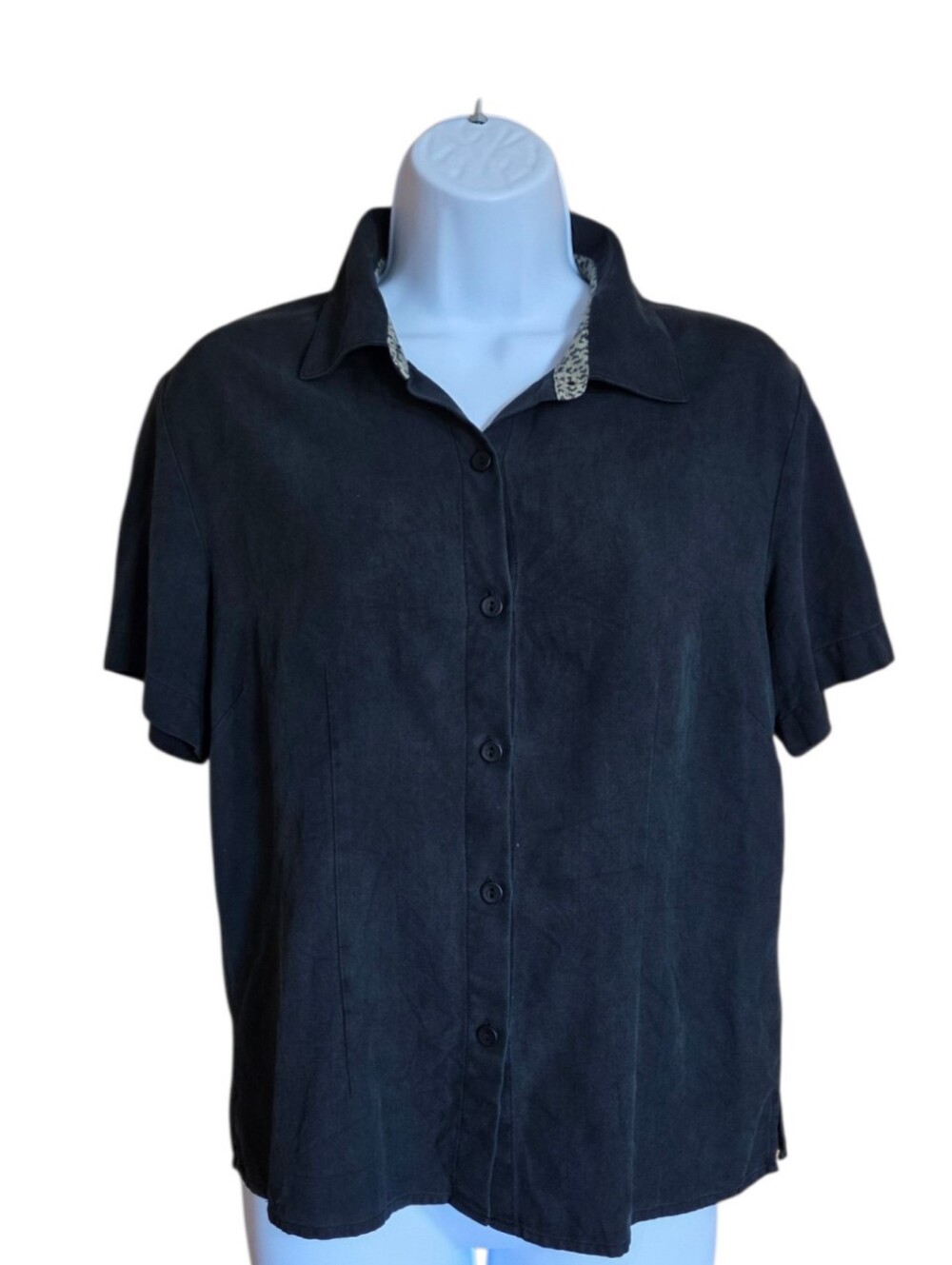 100% Silk Golf Shirt EP Pro Womens M  Button Up Black Twill Leopard Collar VTG